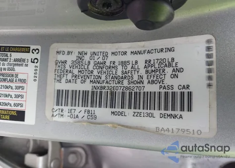 2007 Toyota Corolla Le z USA, uszkodzony, nr VIN 1NXBR32E07Z862707